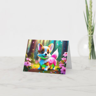 Rainbow Corgi Puppy in Flowers Blank Greeting Card
