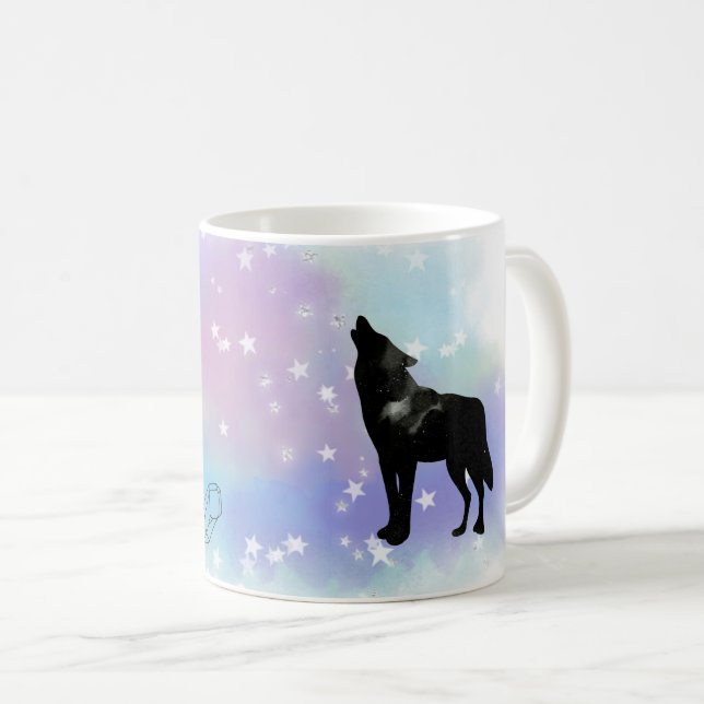 *~* Rainbow Cosmic Moon Howling Wolf Crystals Coffee Mug (Front Right)
