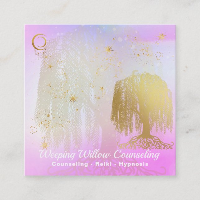 *~* Rainbow Cosmic Willow Tree Moon Gold Square Business Card (Front)