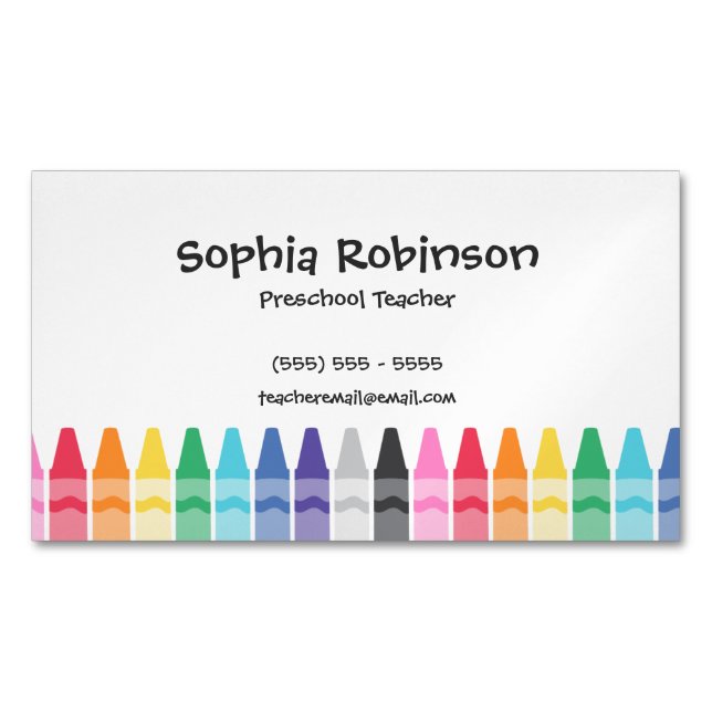 Rainbow Crayons Preschool Elementary Teacher Magnetic Business Card (Front)