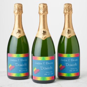 [Rainbow Crinkle Wedding] Heart Butterfly Blue Sparkling Wine Label