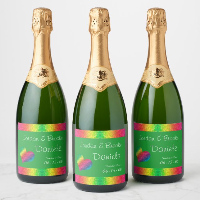 [Rainbow Crinkle Wedding] Heart Butterfly Green Sparkling Wine Label (Bottles)