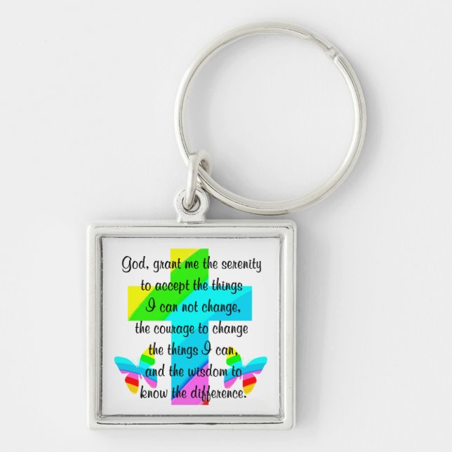 RAINBOW CROSS AND BUTTERFLY SERENITY PRAYER DESIGN KEY RING (Front)