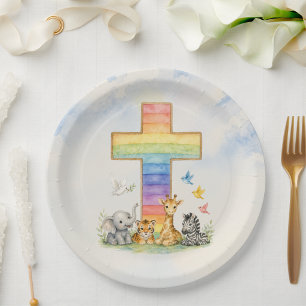 Rainbow Cross Baby Animals Watercolor Party Plates