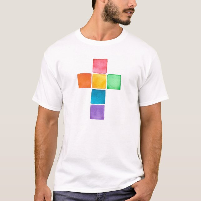 Rainbow Cross, watercolor squares T-Shirt (Front)