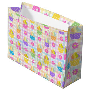 Rainbow Cupcakes over Plaid Multi Colour Backgroun Large Gift Bag