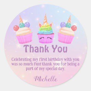 rainbow cupcakes thank you girl 1st birthday cute classic round sticker