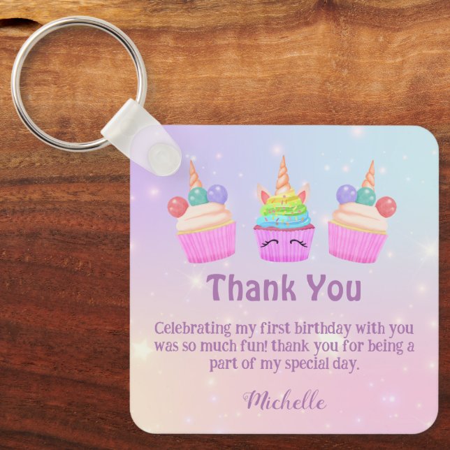 rainbow cupcakes thank you girl 1st birthday key ring (Front)