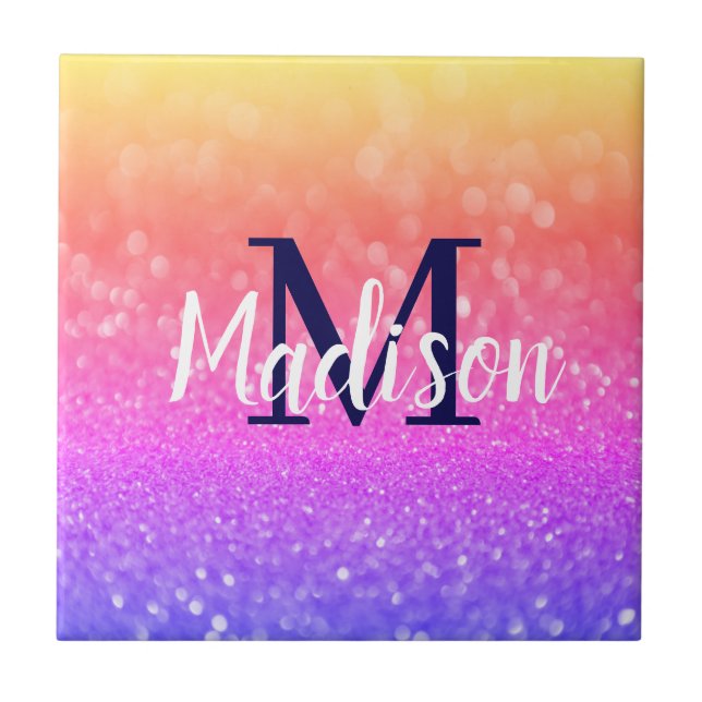 Rainbow Custom Glitter Name Personalised Tile (Front)