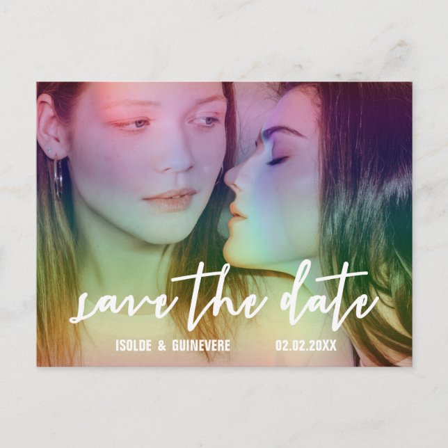 Rainbow Custom Photo Gay/Lesbian Save the Date Announcement Postcard (Front)