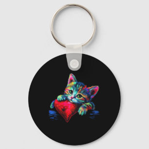 Rainbow Cute Cat Hugging Heart Kitten Lying On Hea Key Ring