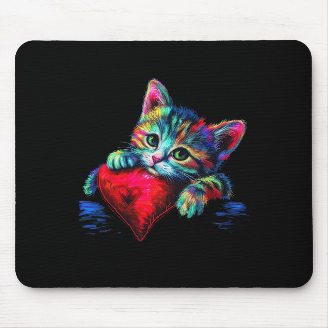 Rainbow Cute Cat Hugging Heart Kitten Lying On Hea Mouse Pad (Front)