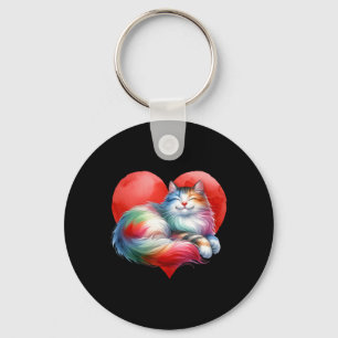 Rainbow Cute Cat Hugging Heart Kitty Love Cat Vale Key Ring