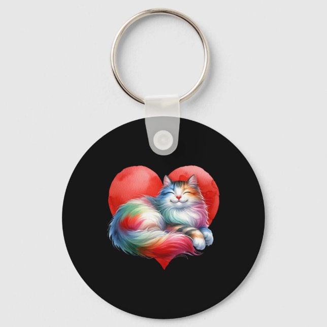 Rainbow Cute Cat Hugging Heart Kitty Love Cat Vale Key Ring (Front)