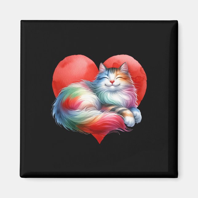 Rainbow Cute Cat Hugging Heart Kitty Love Cat Vale Magnet (Front)