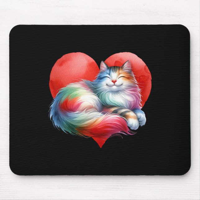 Rainbow Cute Cat Hugging Heart Kitty Love Cat Vale Mouse Pad (Front)