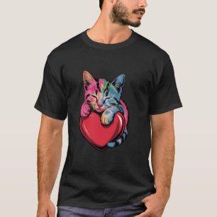 Rainbow Cute Cat Hugging Heart T-Shirt