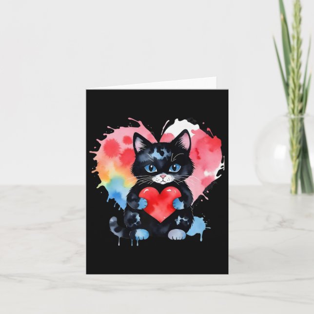 Rainbow Cute Cat Hugging Valentine Heart Kitty Lov Card (Front)