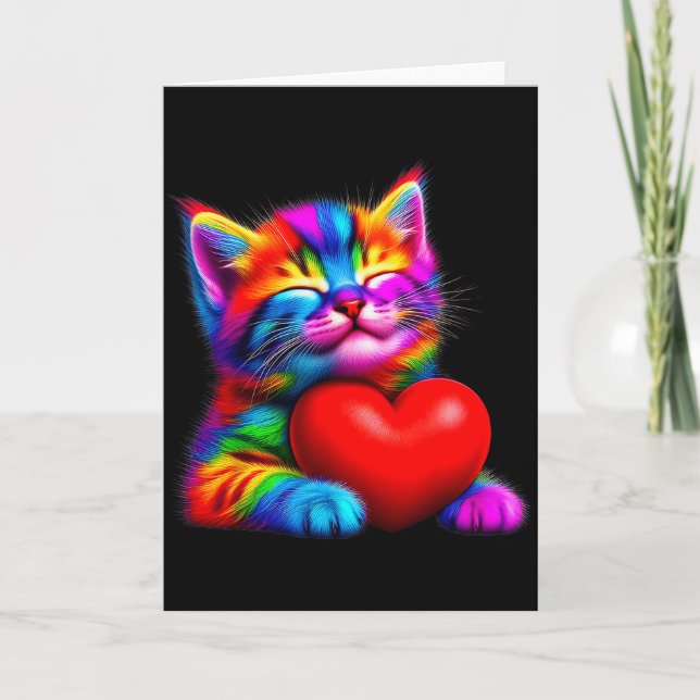 Rainbow Cute Cat Hugging Valentine Heart Kitty Lov Card (Front)