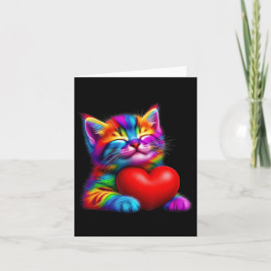 Rainbow Cute Cat Hugging Valentine Heart Kitty Lov Card