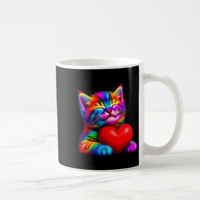 Rainbow Cute Cat Hugging Valentine Heart Kitty Lov Coffee Mug (Right)