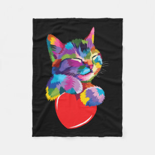 Rainbow Cute Cat Hugging Valentine Heart Kitty Lov Fleece Blanket