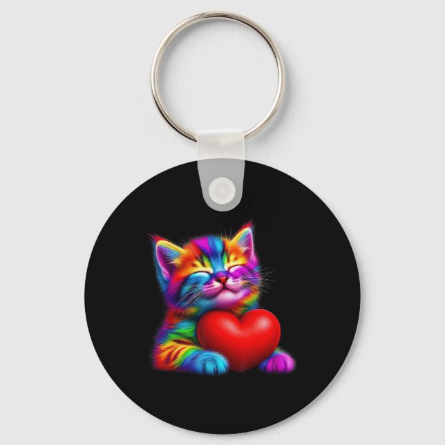 Rainbow Cute Cat Hugging Valentine Heart Kitty Lov Key Ring (Front)