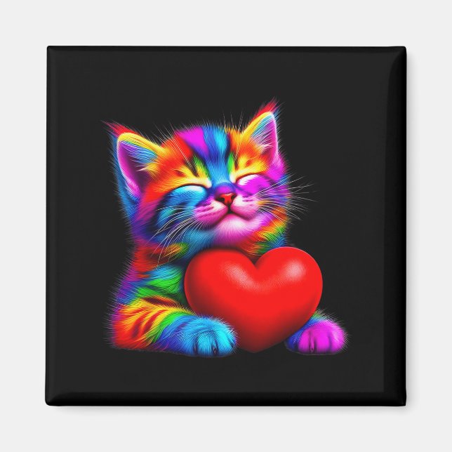 Rainbow Cute Cat Hugging Valentine Heart Kitty Lov Magnet (Front)