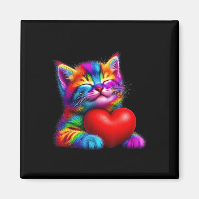 Rainbow Cute Cat Hugging Valentine Heart Kitty Lov Magnet (Front)