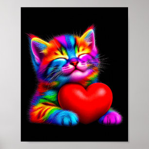 Rainbow Cute Cat Hugging Valentine Heart Kitty Lov Poster