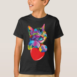 Rainbow Cute Cat Hugging Valentine Heart Kitty Lov T-Shirt