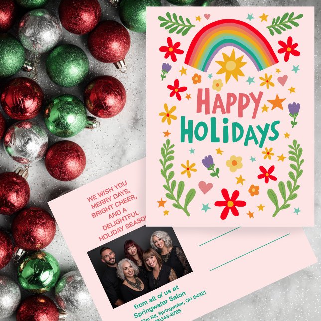 Rainbow Cute Floral CUSTOM Photo Business Customer Holiday Postcard (Rainbow Cute Floral CUSTOM Photo Business Customer Salon  Stylists Holiday Postcard
)