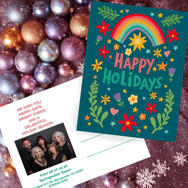 Rainbow Cute Floral CUSTOM Photo Business Customer Holiday Postcard (Rainbow Cute Floral CUSTOM Photo Business Customer Holiday Postcard
)