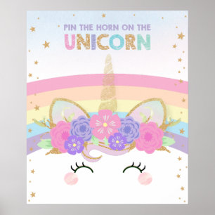 Rainbow Cute Fun Pin the Horn on the Unicorn Game Poster