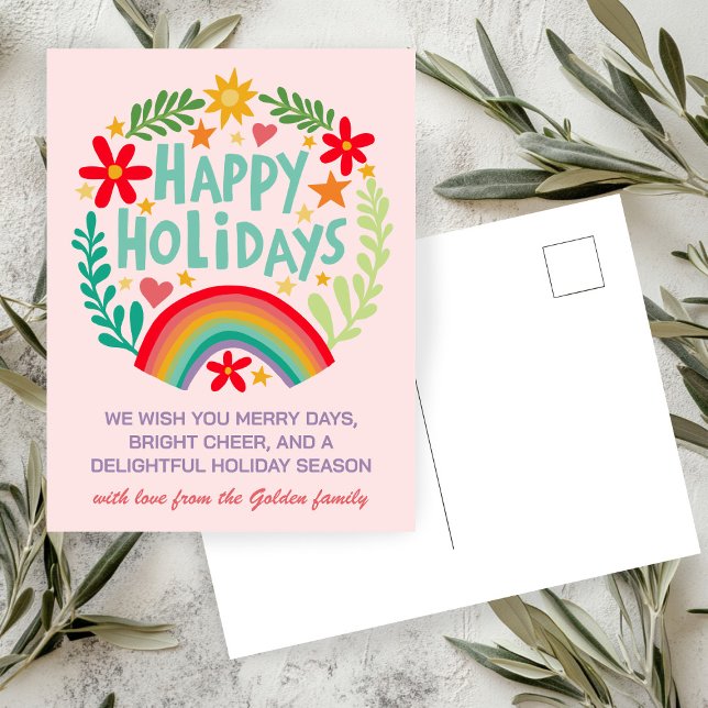 Rainbow Cute Hand-drawn Colourful CUSTOM Holiday Postcard (Rainbow Cute Floral Hand-drawn Colorful CUSTOM Christmas Holiday Postcard
)