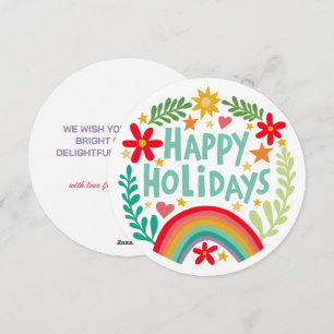 Rainbow Cute Hand-drawn Colourful CUSTOM Round Holiday Card