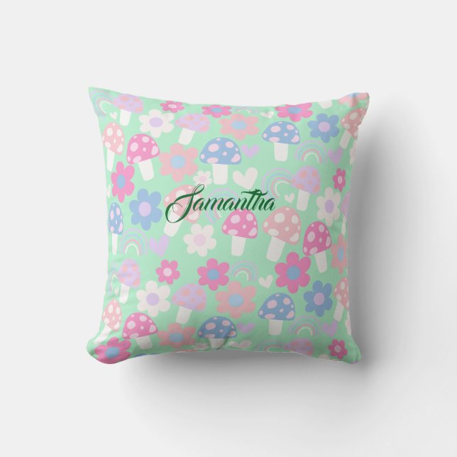 Rainbow, Cute Mushrooms And Flowers Cushion (Front)