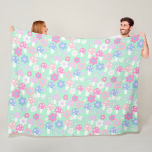 Rainbow, Cute Mushrooms And Flowers Fleece Blanket
