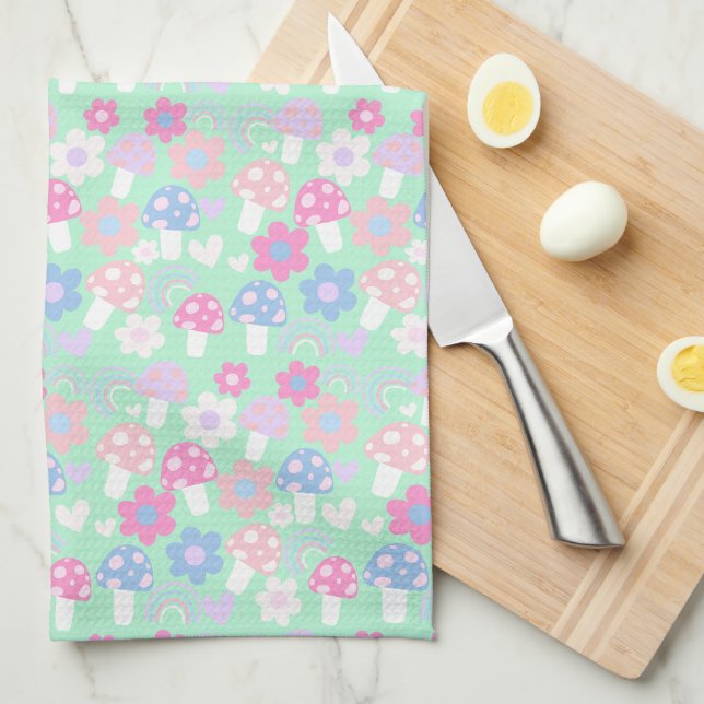 Rainbow, Cute Mushrooms And Flowers Tea Towel (Quarter Fold)