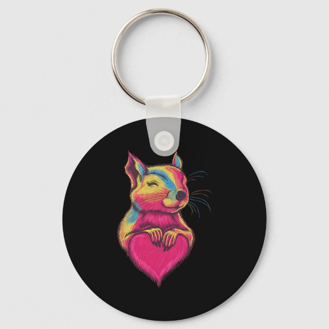 Rainbow Cute Squirrel Hugging Valentine Heart Love Key Ring (Front)