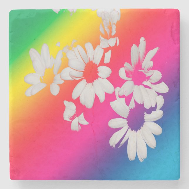Rainbow daisies stone coaster (Front)