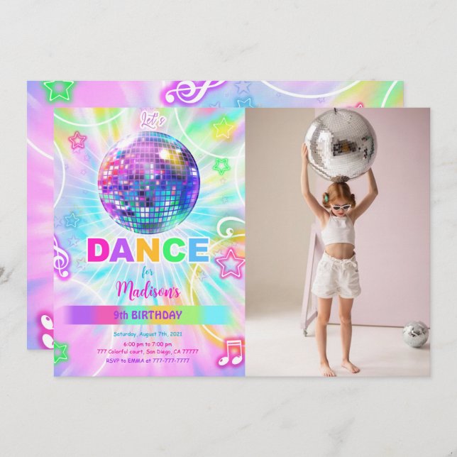 Rainbow Dance Birthday Photo  Invitation (Front/Back)