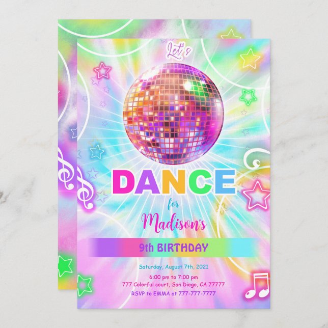 Rainbow Dance Disco Party Neon Glow  Invitation (Front/Back)