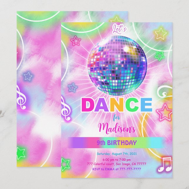 Rainbow Dance Disco Party Neon Glow  Invitation (Front/Back)