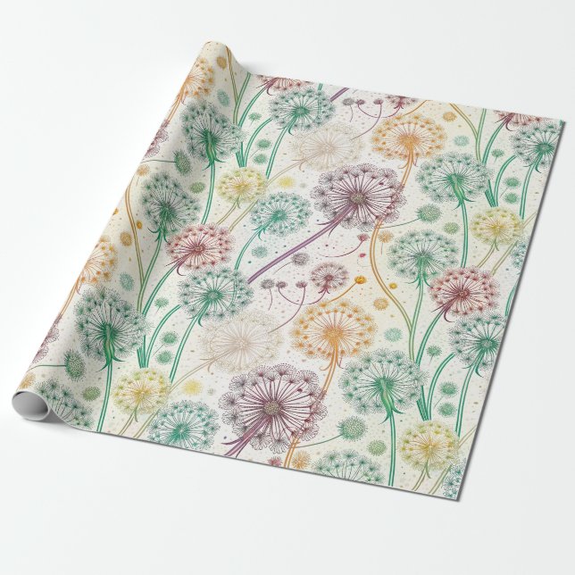 Rainbow Dandelion Breeze – Whimsical Floral Wrapping Paper (Unrolled)