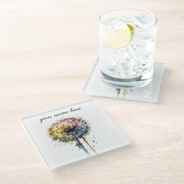 Rainbow Dandelion, custom Glass Coaster (Angled)