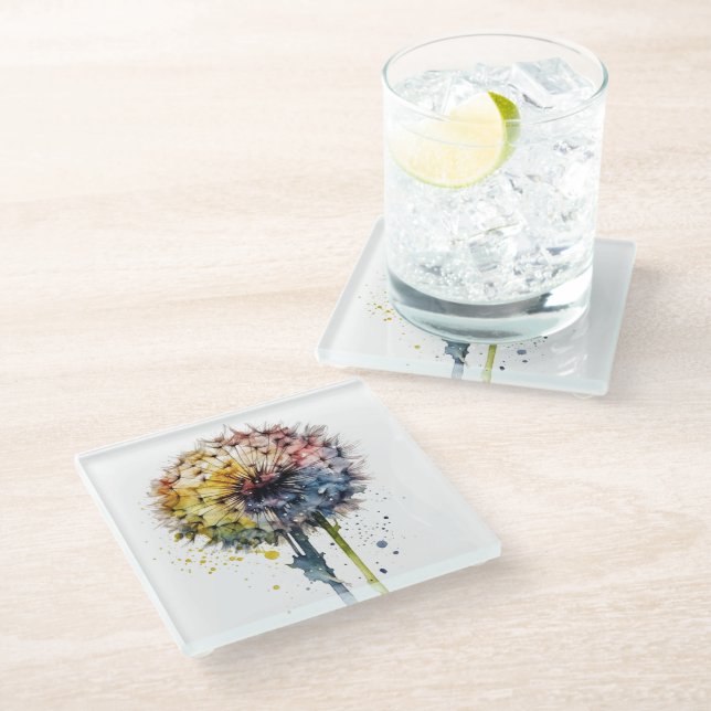 Rainbow Dandelion Glass Coaster (Angled)