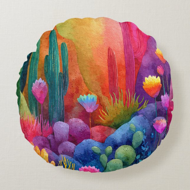 Rainbow Desert Cactus Galaxy Round Pillow (Front)