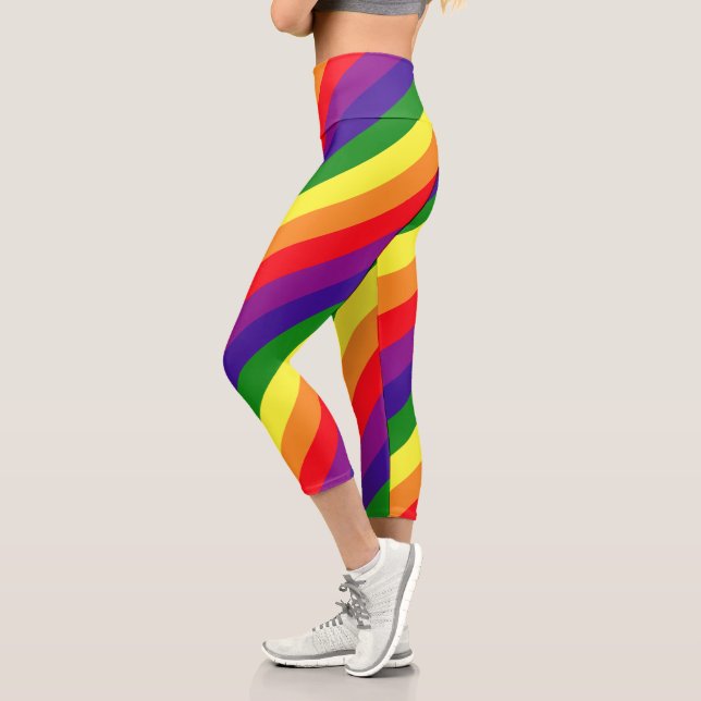 Rainbow Diagonal Stripe Gay Pride Workout Capri Leggings (Left)