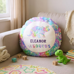 Rainbow Dinosaur Fossil Kids  Round Cushion